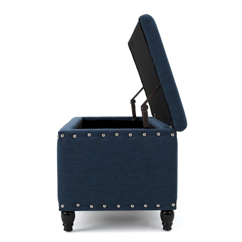 Banc ottoman de rangement en tissu bleu marine de 42 po avec garniture cloutée