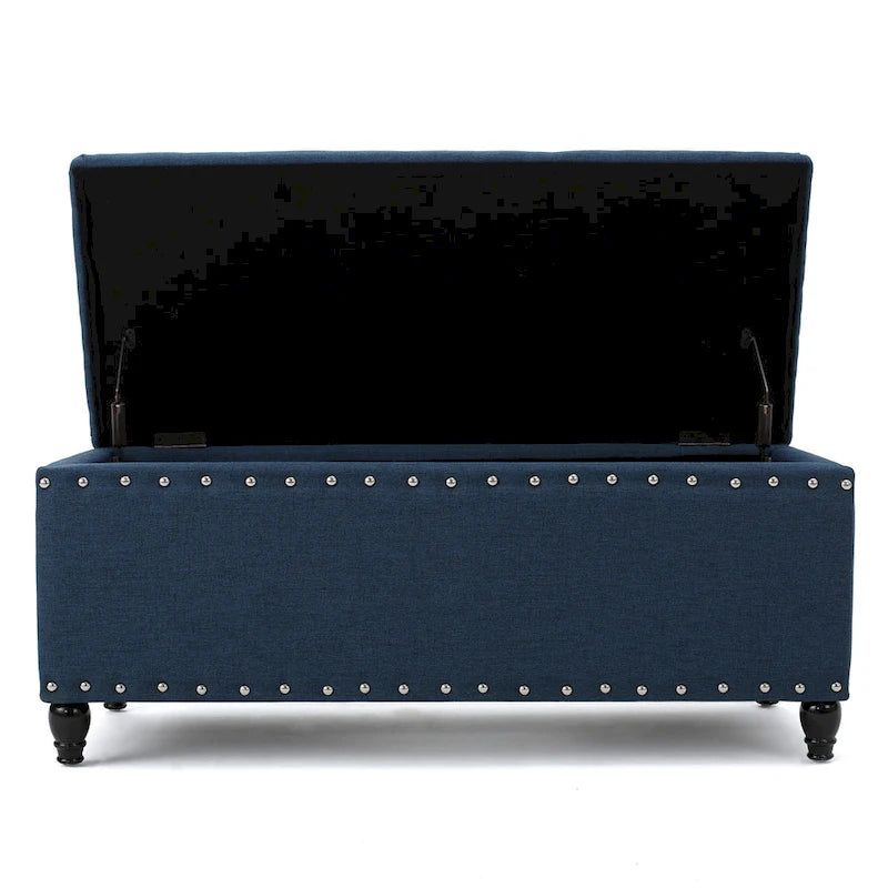 Banc ottoman de rangement en tissu bleu marine de 42 po avec garniture cloutée
