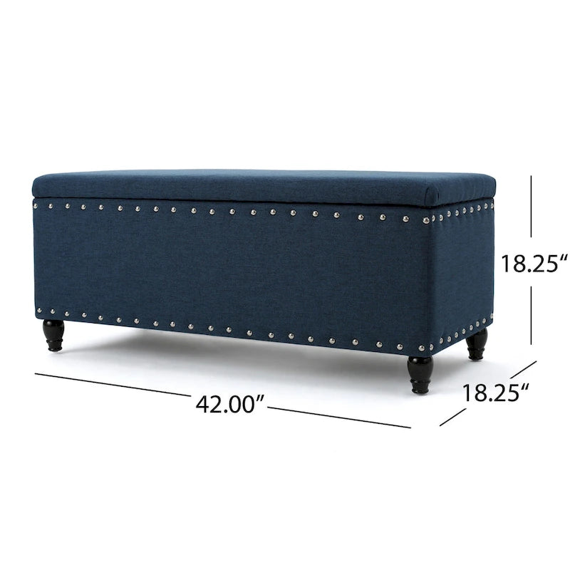 Banc ottoman de rangement en tissu bleu marine de 42 po avec garniture cloutée