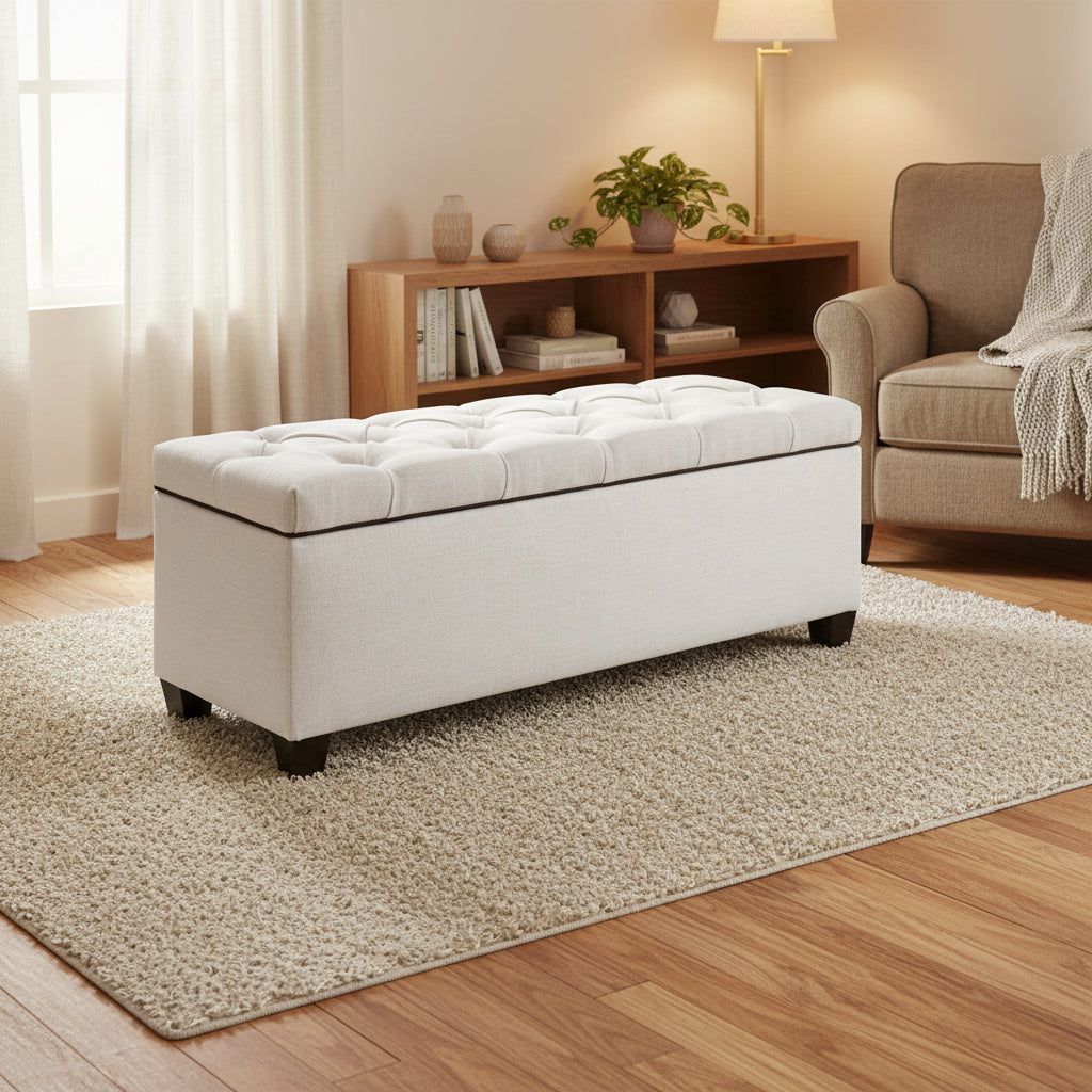 Banc de rangement en lin capitonné diamant