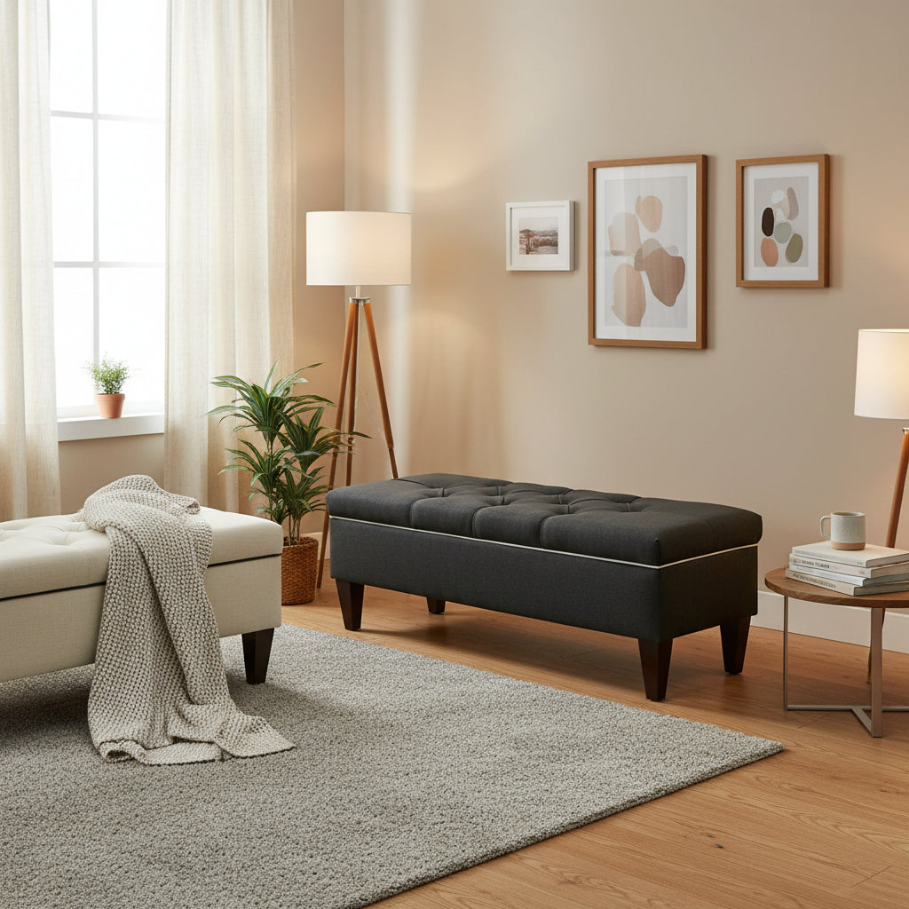 Brooke Diamond Tufted Upholstered Long Storage Bench Ottoman