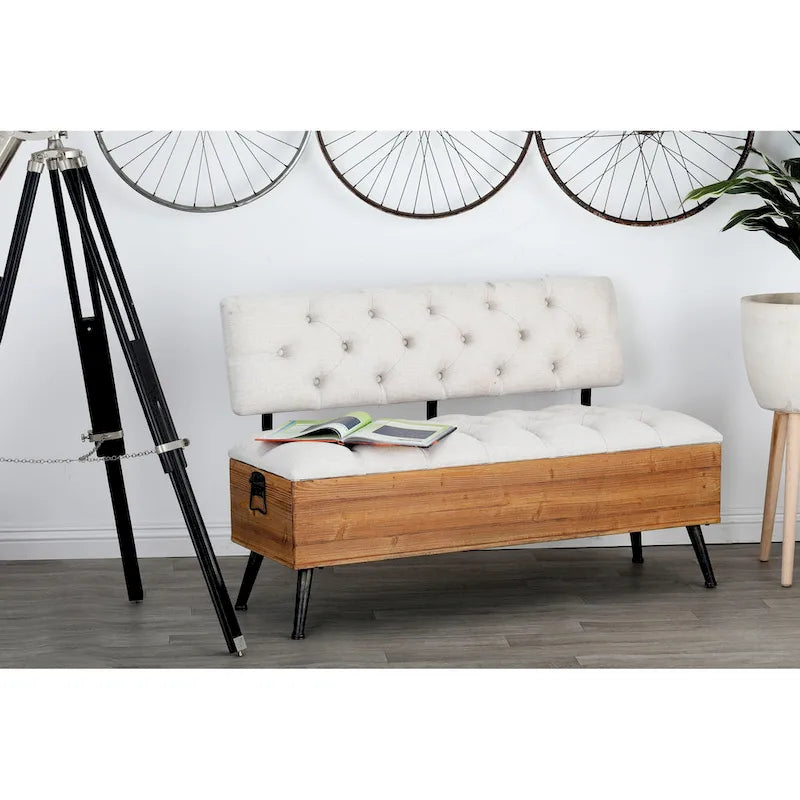 Banc de rangement en bois avec assise et dossier touffetés crème - Blanc - 50,8lx121,9lx76,2H