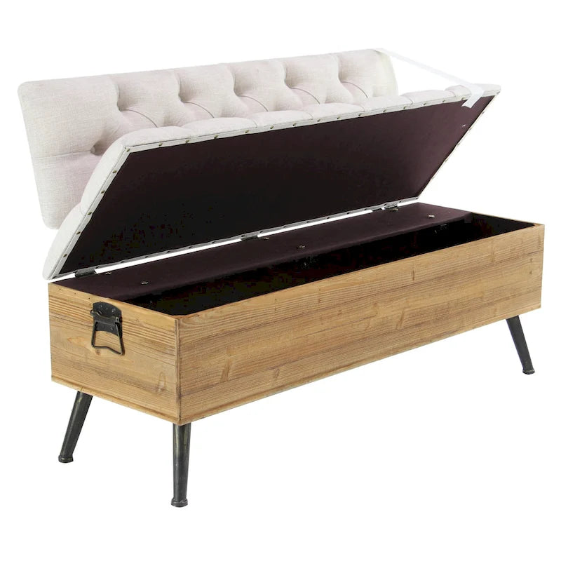 Banc de rangement en bois avec assise et dossier touffetés crème - Blanc - 50,8lx121,9lx76,2H