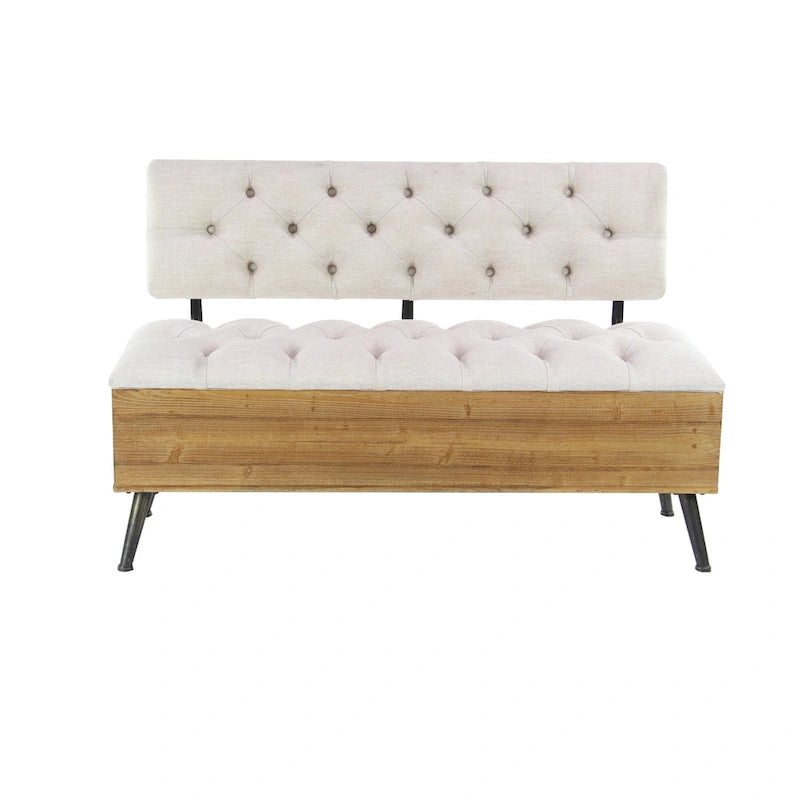 Banc de rangement en bois avec assise et dossier touffetés crème - Blanc - 50,8lx121,9lx76,2H
