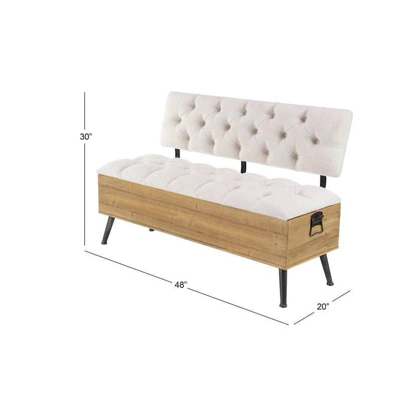 Banc de rangement en bois avec assise et dossier touffetés crème - Blanc - 50,8lx121,9lx76,2H