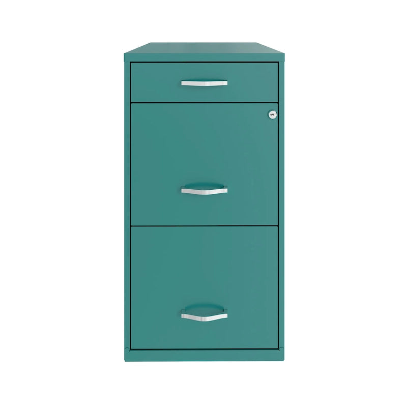 Meuble de classement métallique sarcelle à 3 tiroirs, profondeur 45,7 cm