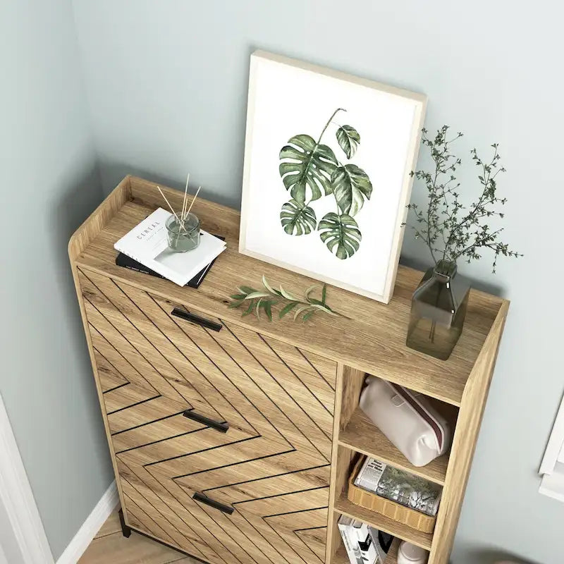 Meuble à chaussures mince et moderne avec 3 tiroirs basculants et étagères ouvertes