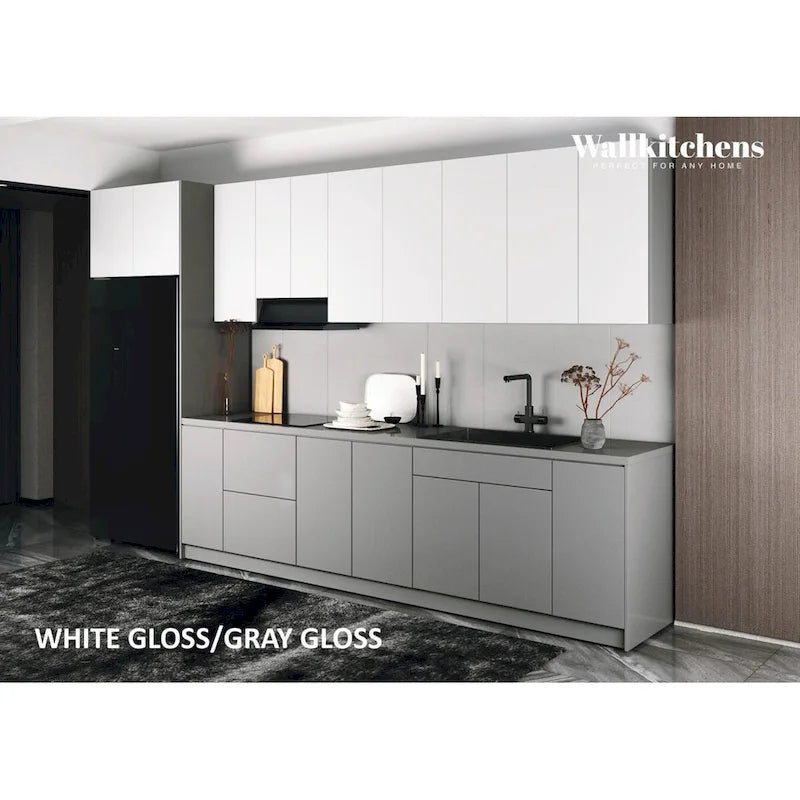 Meuble bas de cuisine brillant gris et blanc de 3,96 m de large (157x24)