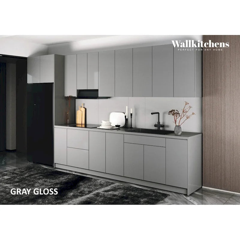 Meuble bas de cuisine brillant gris et blanc de 3,96 m de large (157x24)