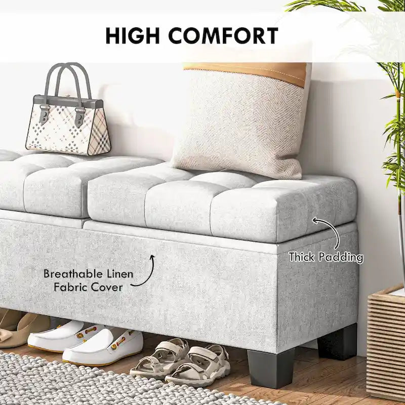 Banc ottoman de rangement capitonné avec charnières de sécurité