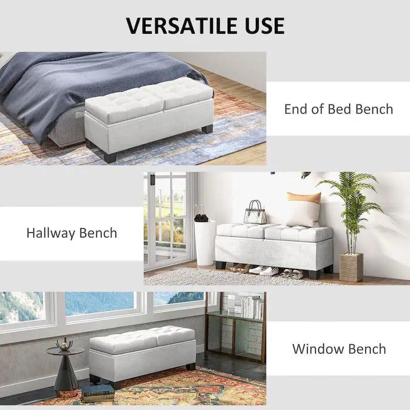 Banc ottoman de rangement capitonné avec charnières de sécurité