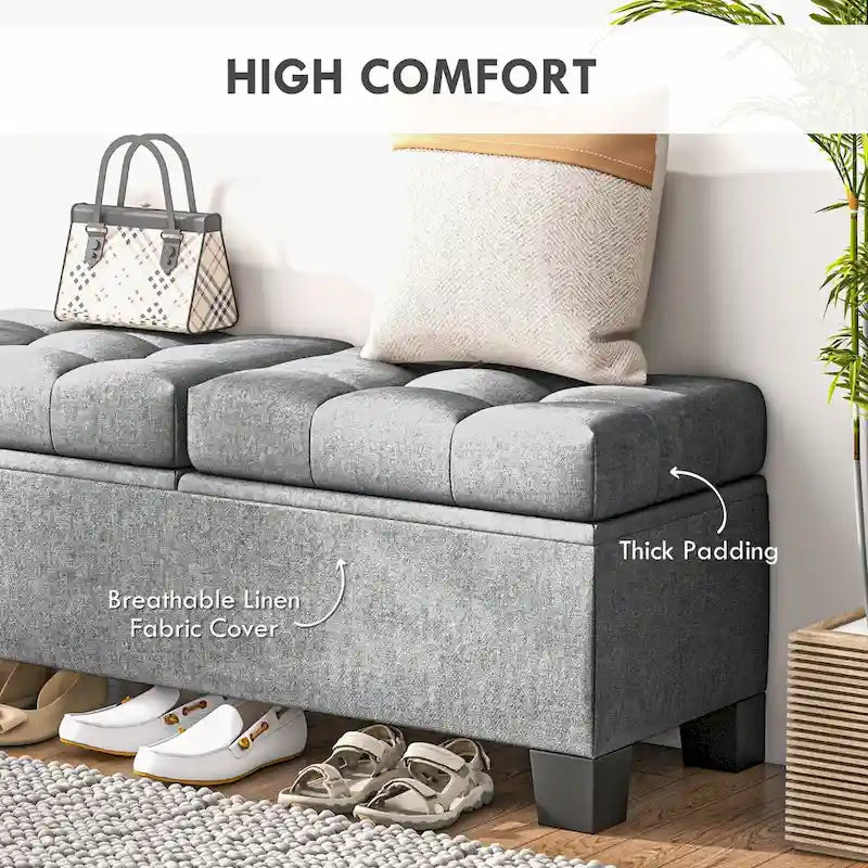 Banc ottoman de rangement capitonné avec charnières de sécurité