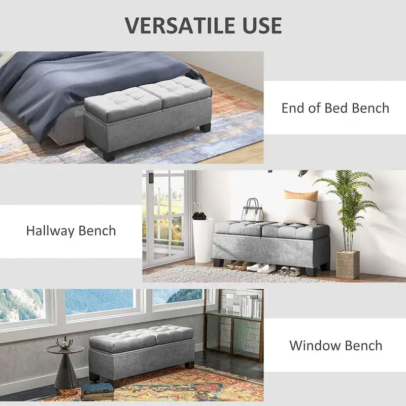 Banc ottoman de rangement capitonné avec charnières de sécurité