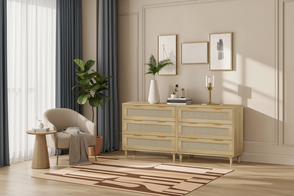 Commode de rangement en rotin à 3 tiroirs (lot de 2), pour chambre, salon, salle à manger, couloirs, chêne