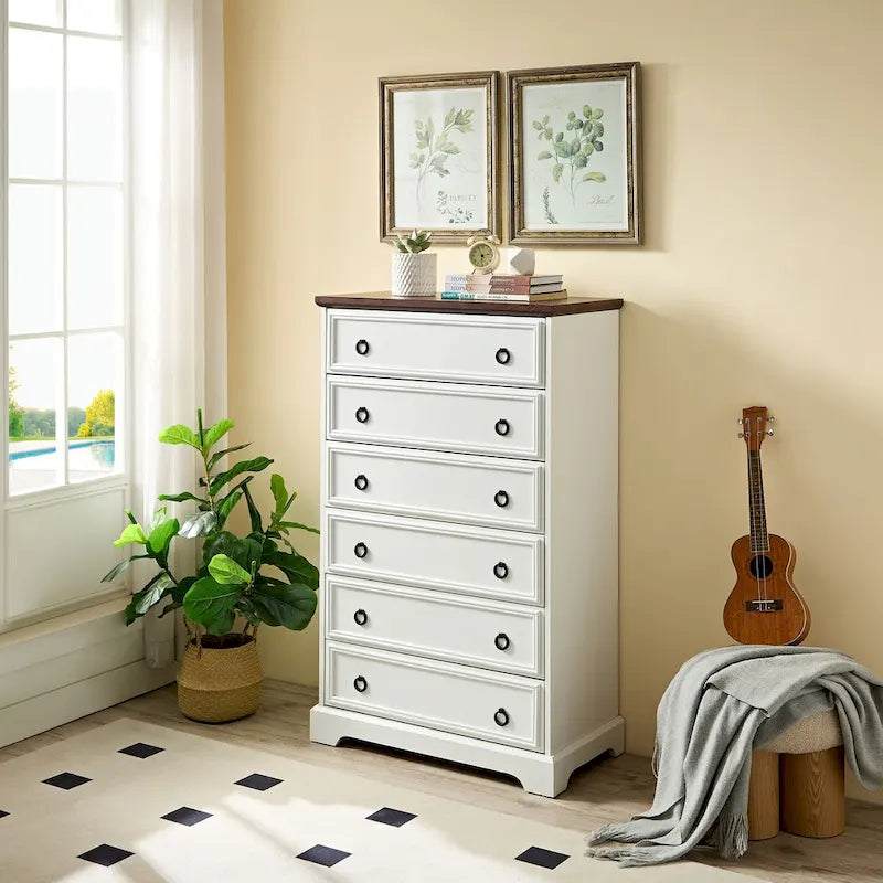 Commode haute moderne à 6 tiroirs avec poignées faciles à tirer et bords texturés