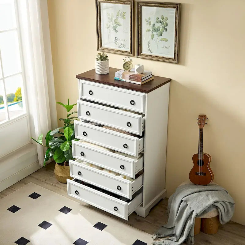 Commode haute moderne à 6 tiroirs avec poignées faciles à tirer et bords texturés