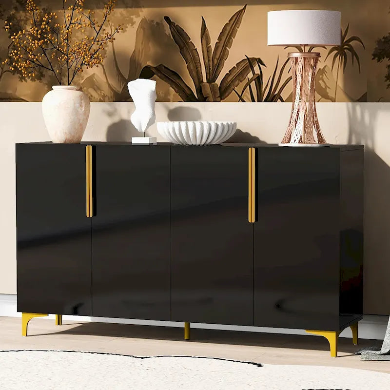 Un meuble de rangement de luxe léger au fini lustré, réglable, adapté au salon, au bureau, au couloir.