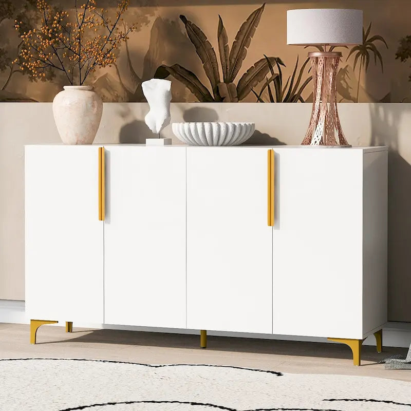 Un meuble de rangement de luxe léger au fini lustré, réglable, adapté au salon, au bureau, au couloir.
