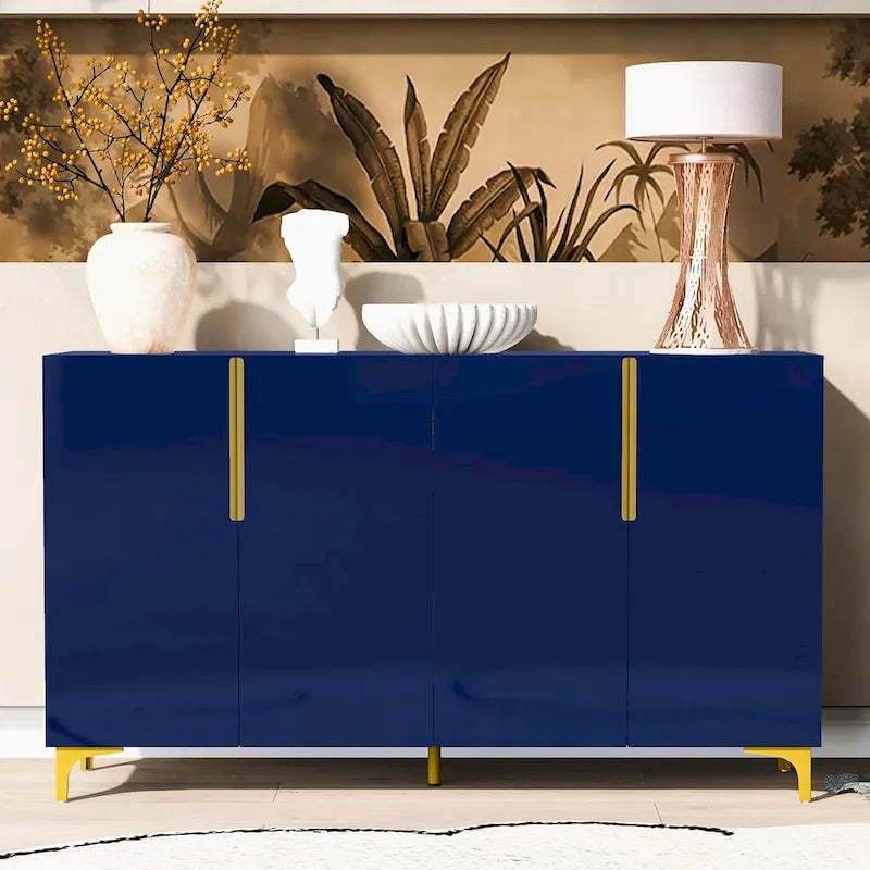 Un meuble de rangement de luxe léger au fini lustré, réglable, adapté au salon, au bureau, au couloir.
