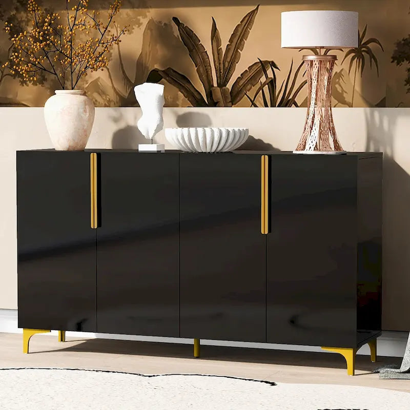 Un meuble de rangement de luxe léger au fini lustré, réglable, adapté au salon, au bureau, au couloir.