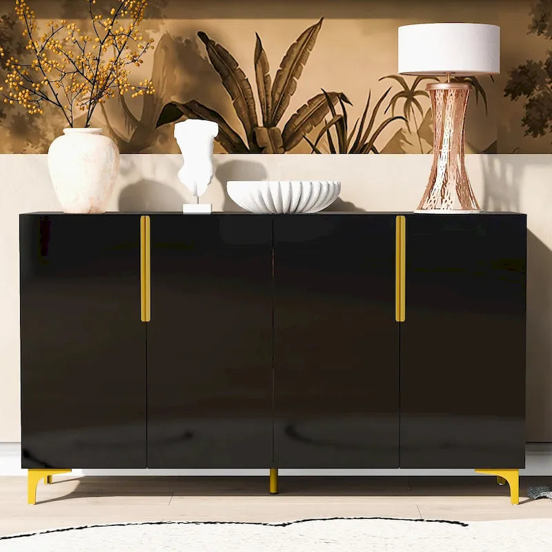 Un meuble de rangement de luxe léger au fini lustré, réglable, adapté au salon, au bureau, au couloir.