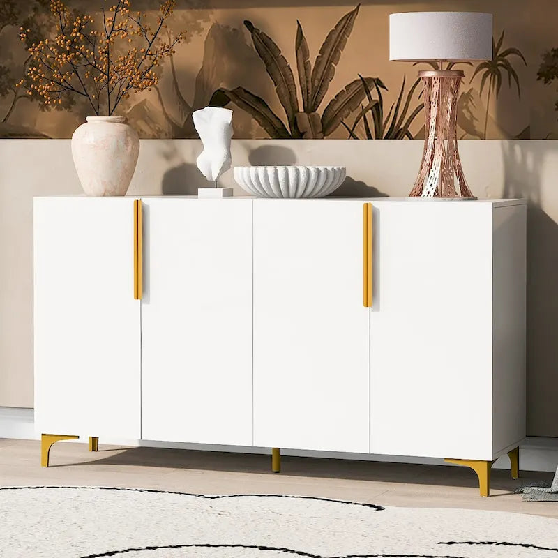 Un meuble de rangement de luxe léger au fini lustré, réglable, adapté au salon, au bureau, au couloir.