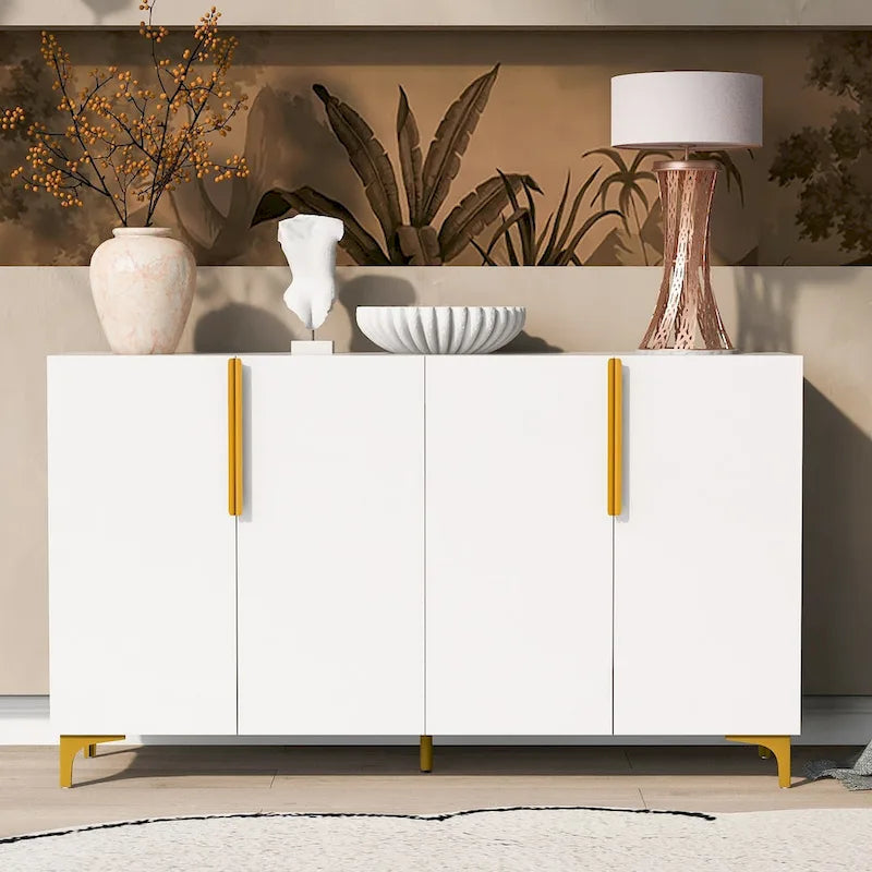 Un meuble de rangement de luxe léger au fini lustré, réglable, adapté au salon, au bureau, au couloir.