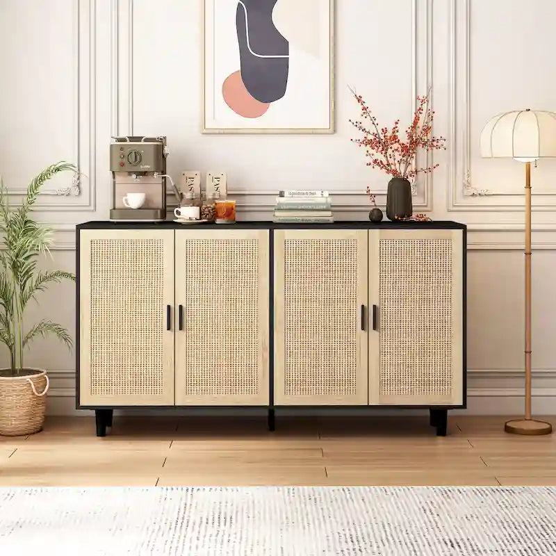 Meuble de rangement décoratif en rotin noir à 4 portes de 158 cm