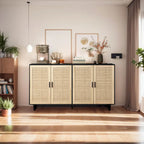 Meuble de rangement décoratif en rotin noir à 4 portes de 158 cm