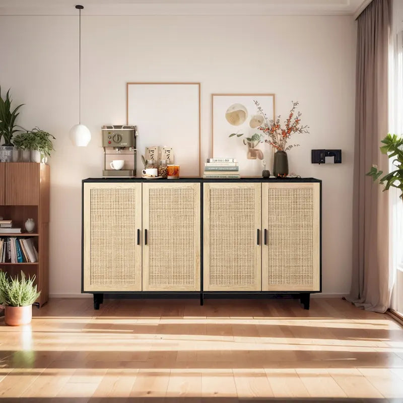 Meuble de rangement décoratif en rotin noir à 4 portes de 158 cm