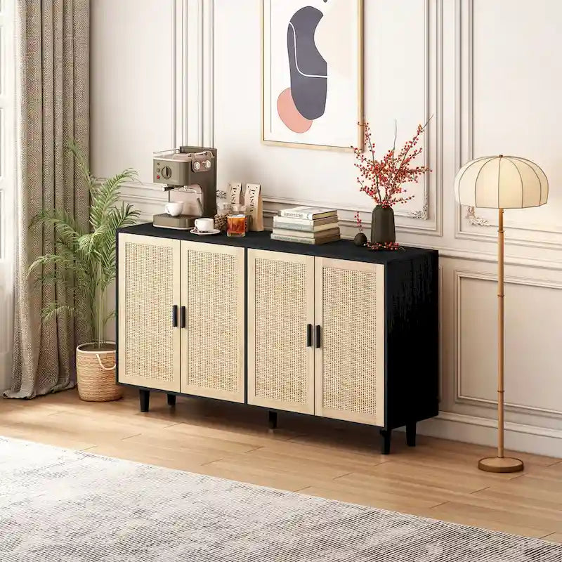 Meuble de rangement décoratif en rotin noir à 4 portes de 158 cm