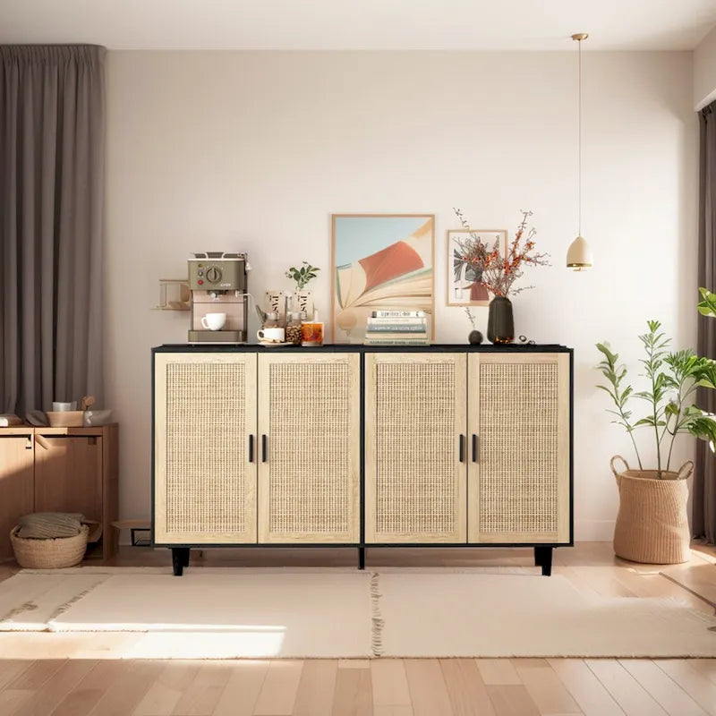 Meuble de rangement décoratif en rotin noir à 4 portes de 158 cm