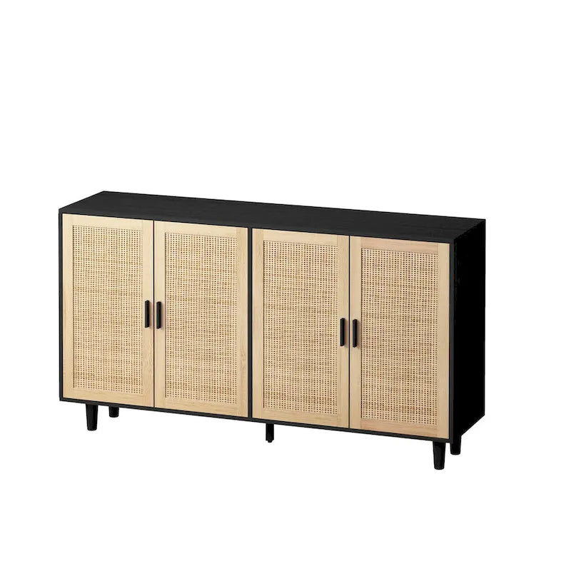 Meuble de rangement décoratif en rotin noir à 4 portes de 158 cm