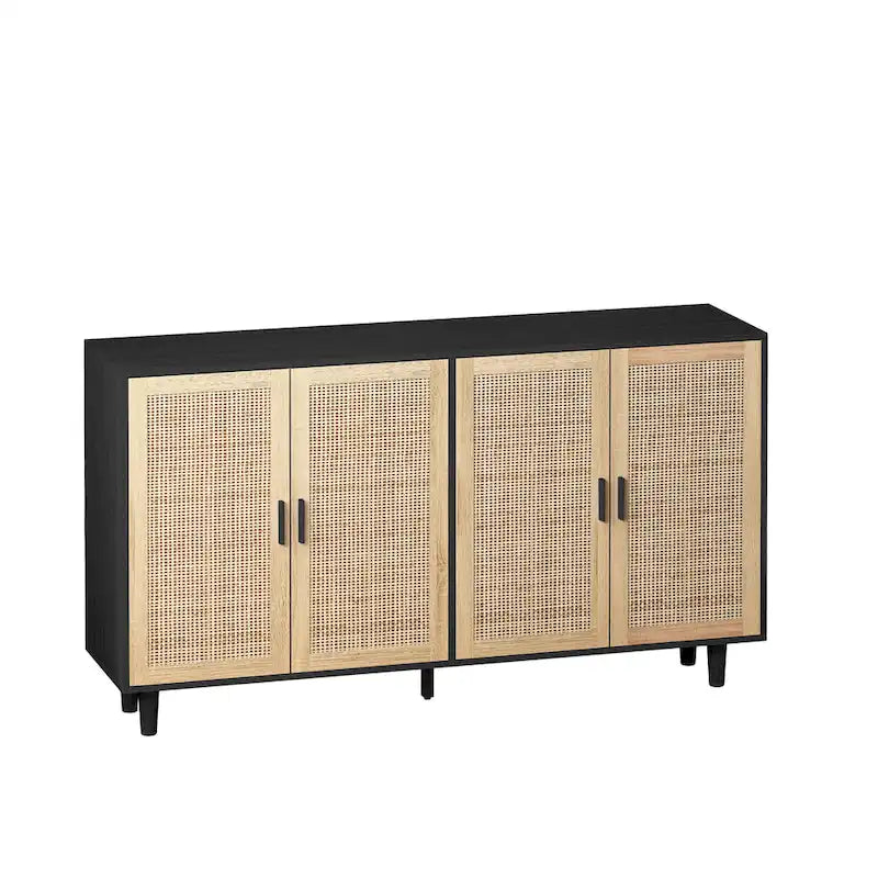 Meuble de rangement décoratif en rotin noir à 4 portes de 158 cm