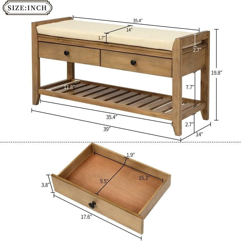 Banc de rangement pour chaussures avec coussin – 39,4P x 13,8L x 18,9H