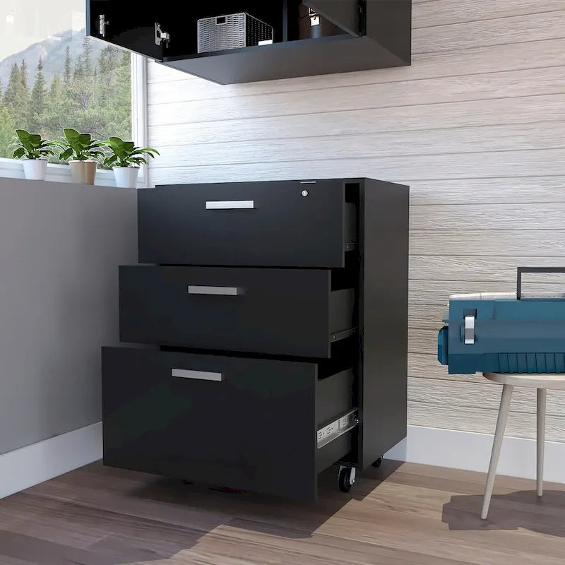 Meuble de rangement noir à 3 tiroirs avec roulettes