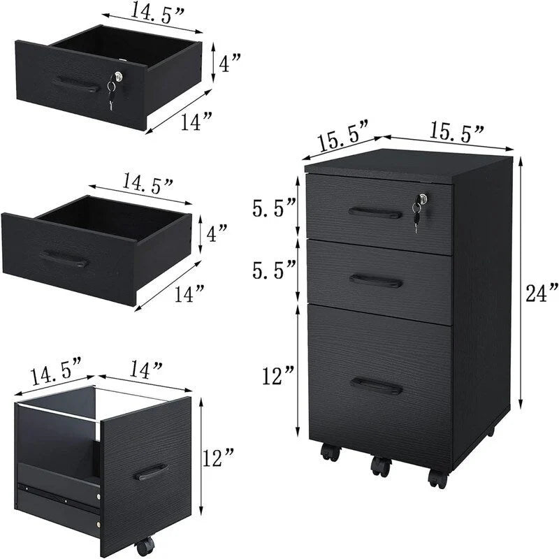 Classeur à roulettes en bois à 3 tiroirs avec serrure - 15P x 15L x 26H