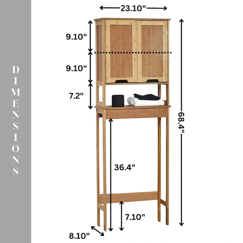 Meuble de rangement pour toilettes en bambou avec deux portes et étagère ouverte (23,1"x8,1"x68,4")