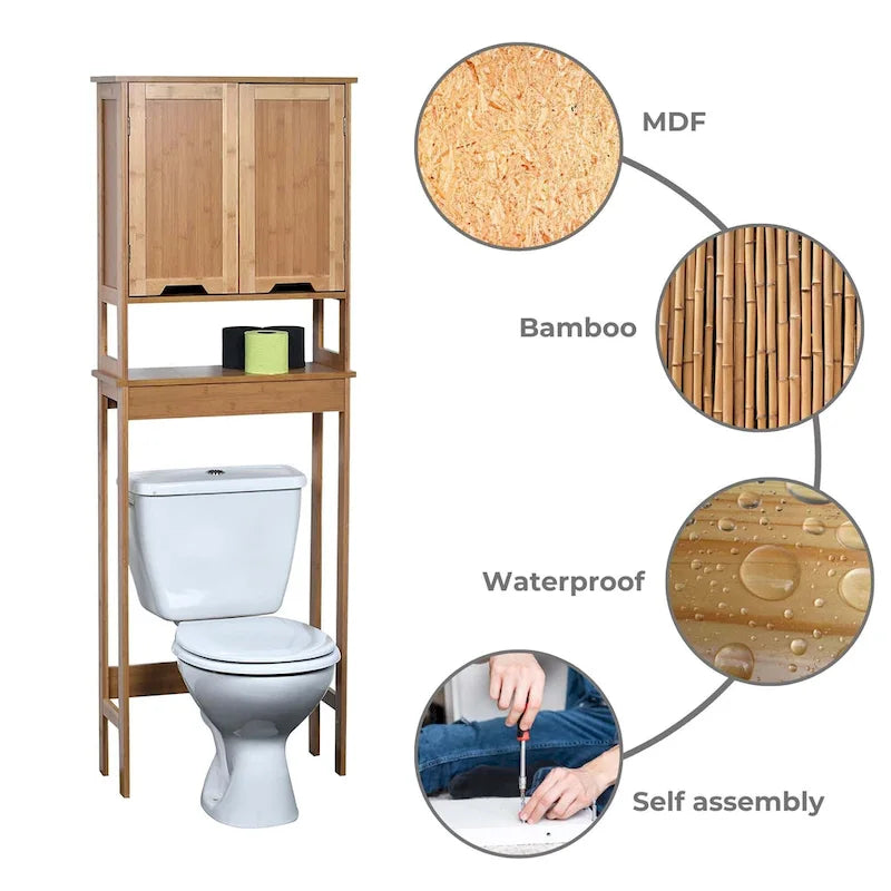 Meuble de rangement pour toilettes en bambou avec deux portes et étagère ouverte (23,1"x8,1"x68,4")