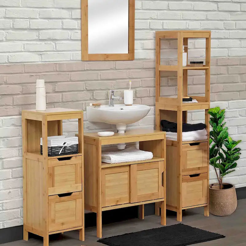 Meuble de rangement pour toilettes en bambou avec deux portes et étagère ouverte (23,1"x8,1"x68,4")