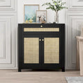 Buffet bas 2 portes en rotin noir avec tiroir (80 x 35 x 83 cm)