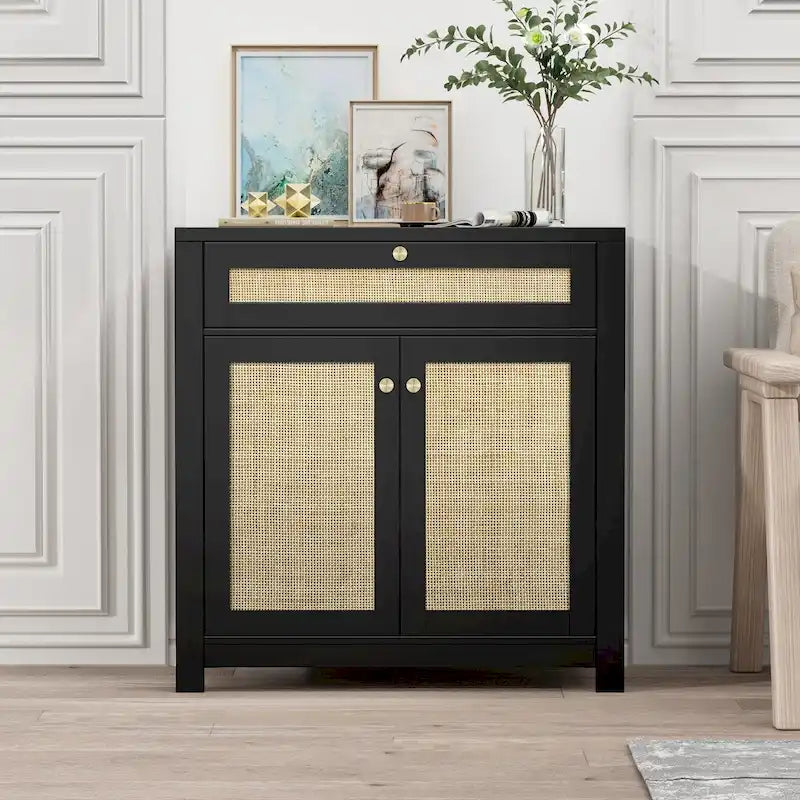 Buffet bas 2 portes en rotin noir avec tiroir (80 x 35 x 83 cm)