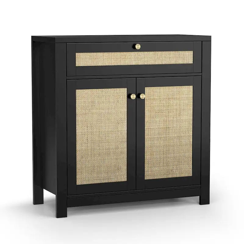 Buffet bas 2 portes en rotin noir avec tiroir (80 x 35 x 83 cm)