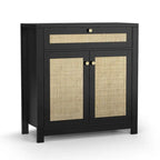 Buffet bas 2 portes en rotin noir avec tiroir (80 x 35 x 83 cm)