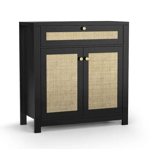 Buffet bas 2 portes en rotin noir avec tiroir (80 x 35 x 83 cm)
