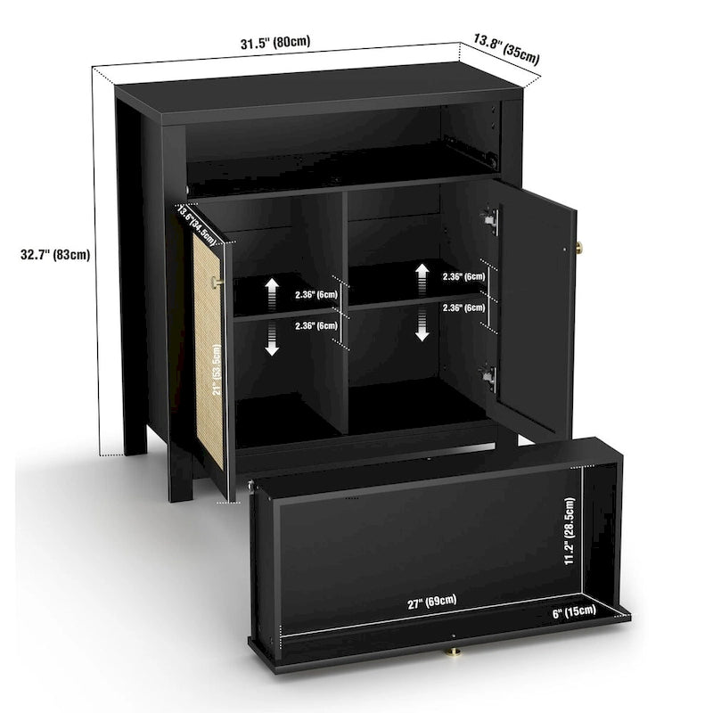 Buffet bas 2 portes en rotin noir avec tiroir (80 x 35 x 83 cm)