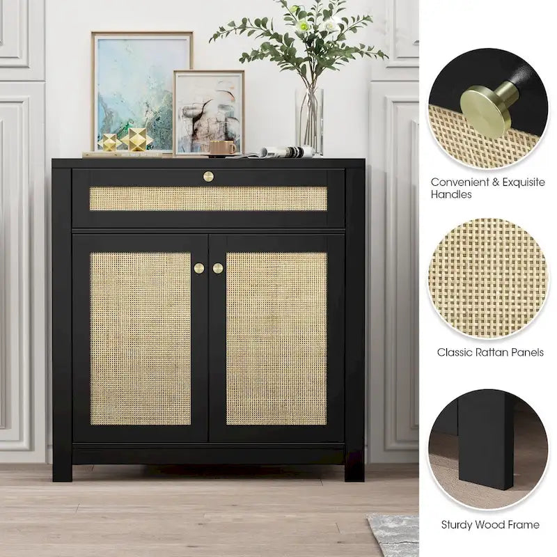 Buffet bas 2 portes en rotin noir avec tiroir (80 x 35 x 83 cm)