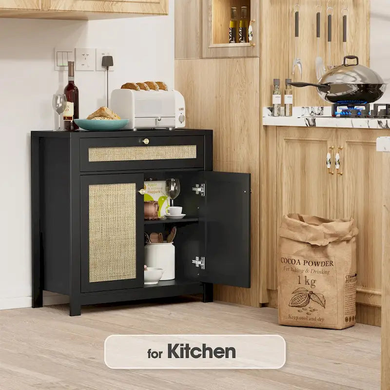 Buffet bas 2 portes en rotin noir avec tiroir (80 x 35 x 83 cm)