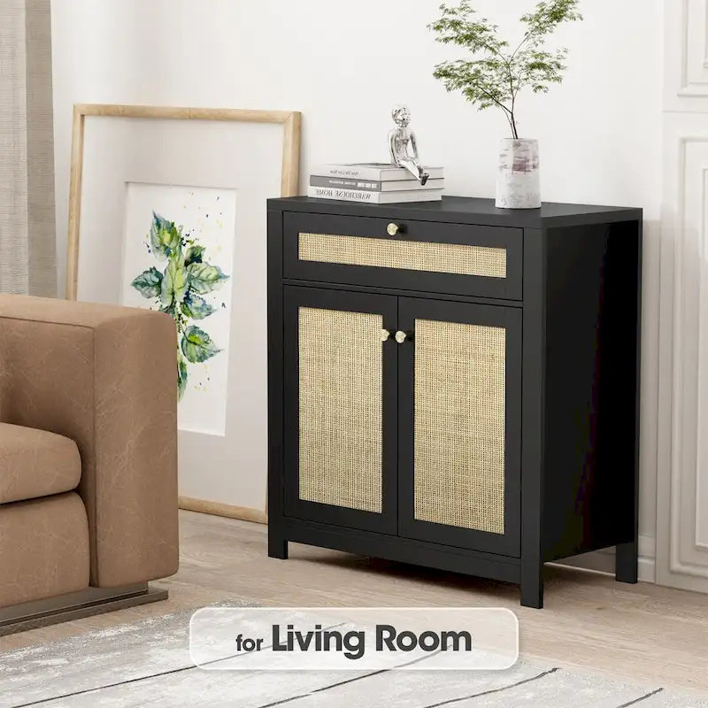 Buffet bas 2 portes en rotin noir avec tiroir (80 x 35 x 83 cm)