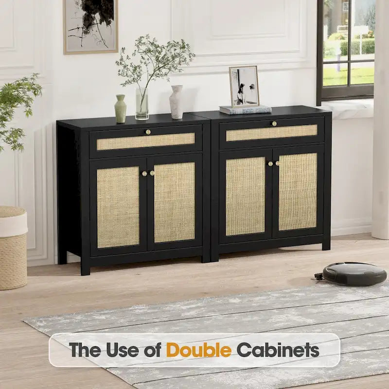 Buffet bas 2 portes en rotin noir avec tiroir (80 x 35 x 83 cm)